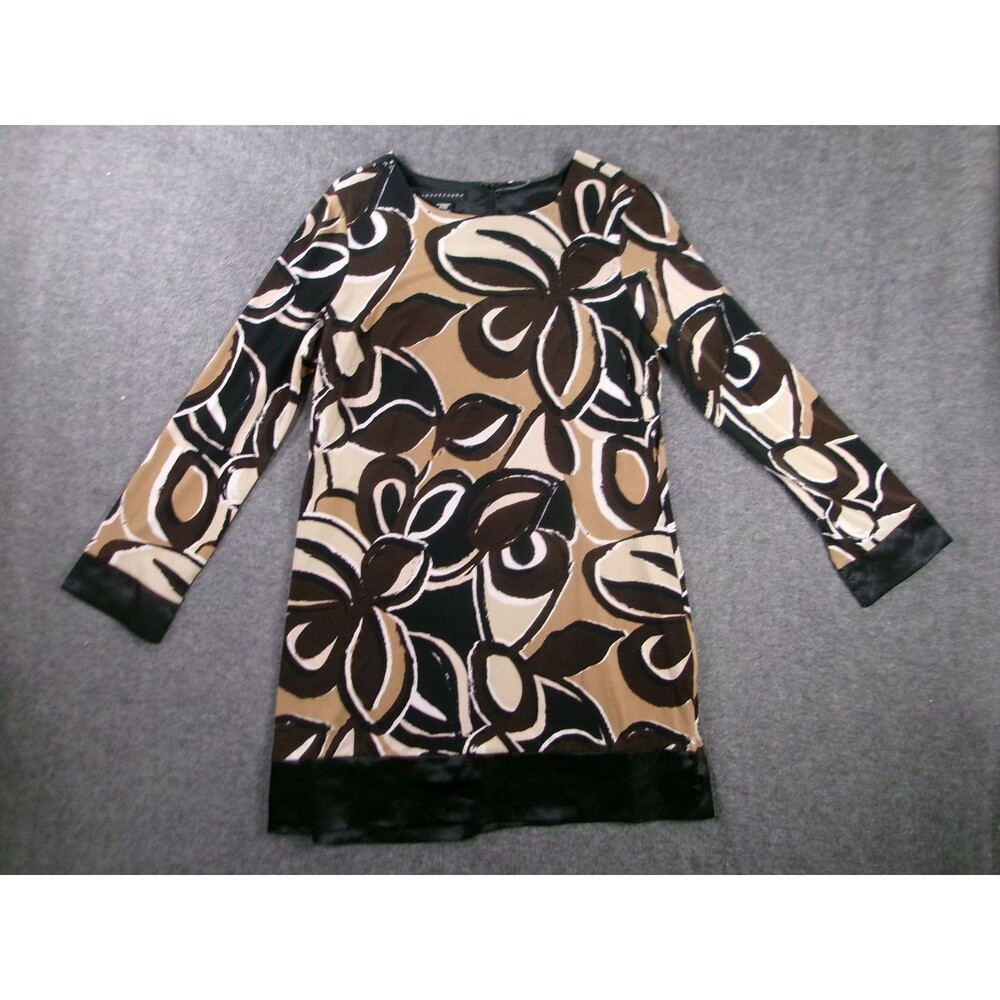 Apostrophe Dress Womens L Brown Black Cream Floral Long Sleeve Shift Satin Trim